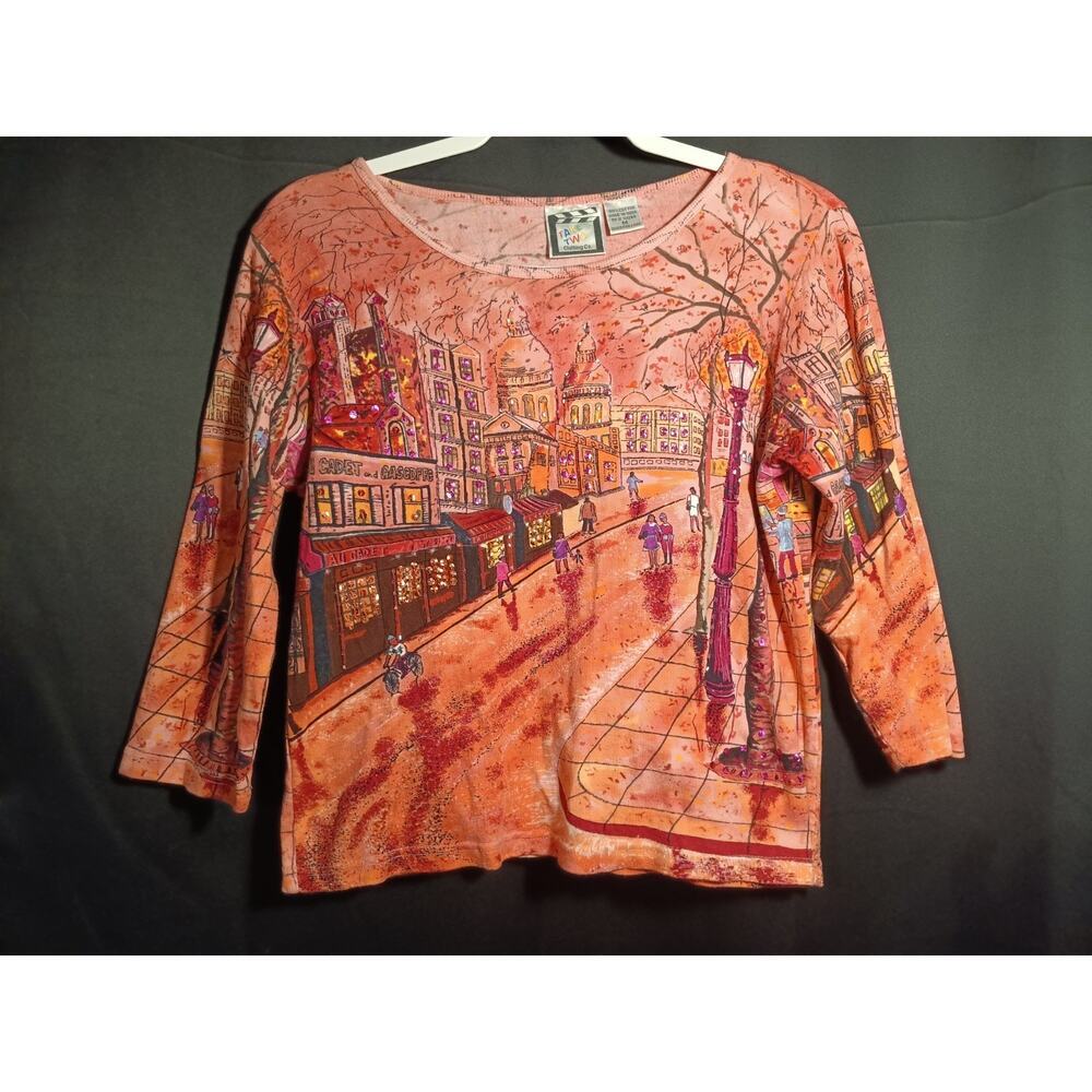 Take Two Retro City Scape Top Women’s Medium Salmon Pink 3/4 Rare Y2k Sequin